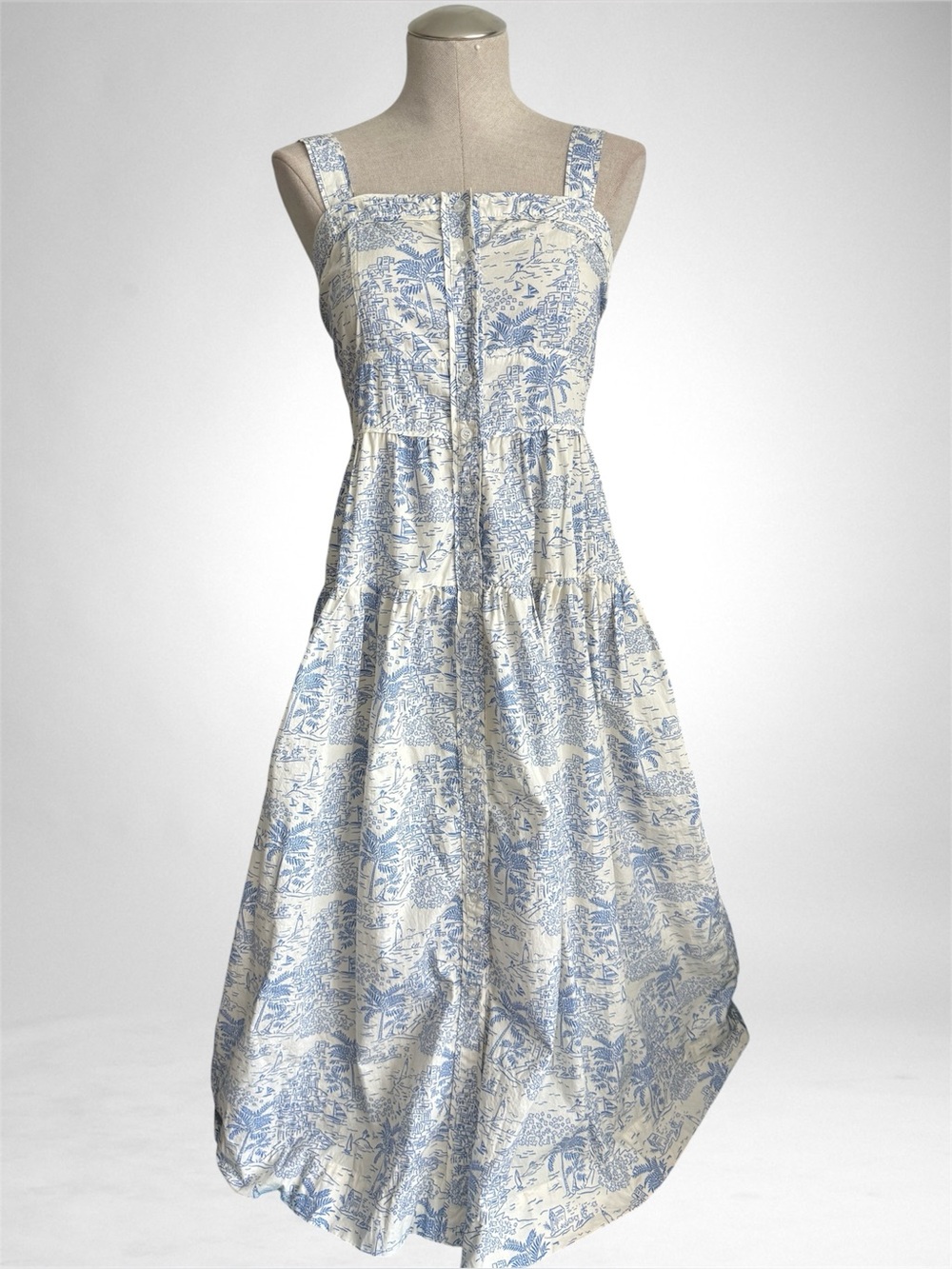 Maison Me Blue White Toile Print Maxi Dress | Smocked Back | L